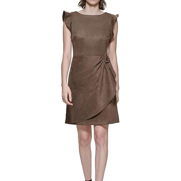 DKNY Choclate Brown Faux Suede Flutter Sleeve Faux Wrap Dress - Picture 1 of 9
